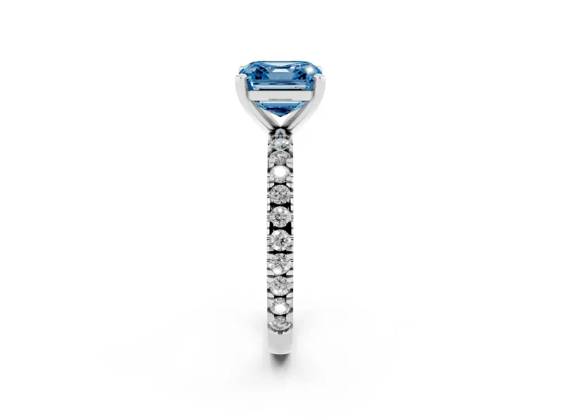 Fancy Blue Asscher Cut Diamond Pavé Band Solitaire Set in Silver with Prong Setting