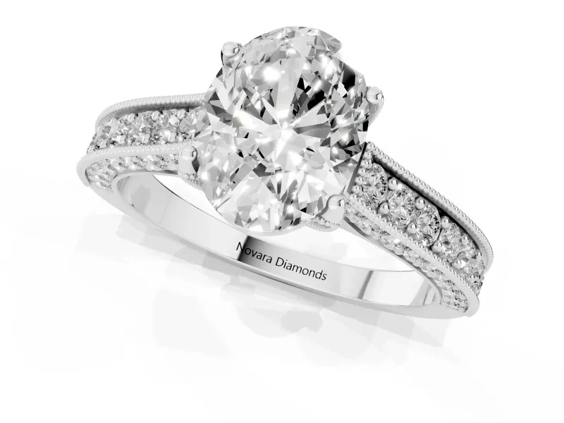 Oval Vintage Hidden Halo Engagement Ring Setting | Milgrain Pave Band | White Gold