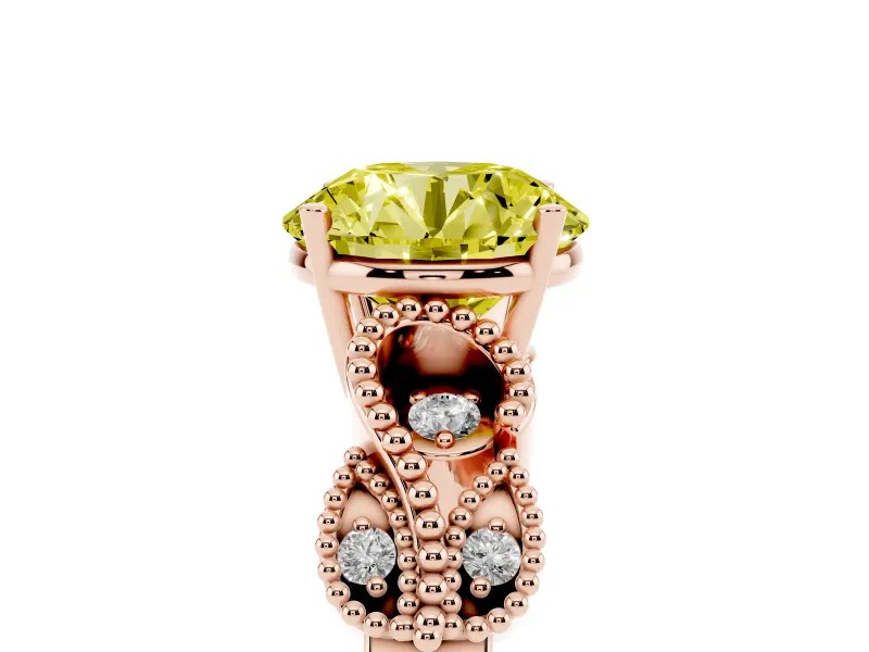 Fancy Yellow Round Cut Diamond Milgrain Leaf Band Solitaire Ring Set in Rose gold with Accent Stones and Prong Setting