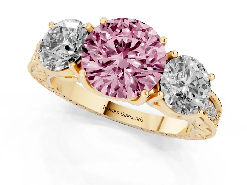 Round Vintage Three Stone Engagement Ring Setting for a Fancy Pink Lab-Grown Diamond | Yellow Gold
