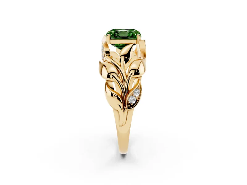 Asscher Cut Leaf Bypass Engagement Ring Setting for a Fancy Green Lab-Grown Diamond | Yellow Gold