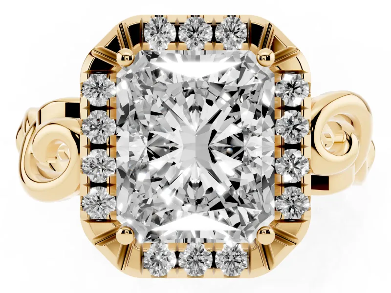 Radiant Cut Diamond Halo Ring Set in Yellow gold with Scrollwork Band and Prong Setting