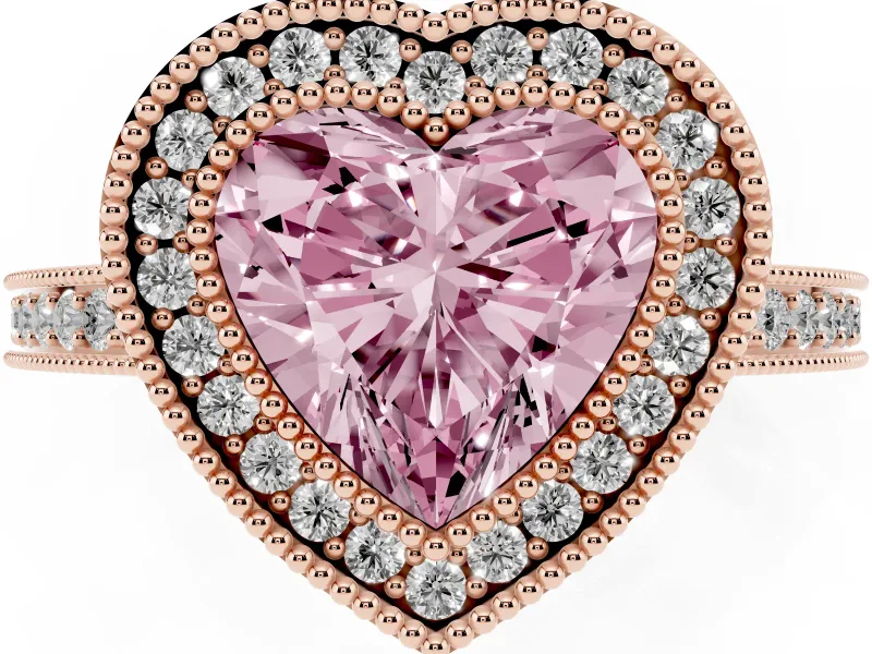 Heart-Shaped Double Milgrain Halo Engagement Ring Setting for a Fancy Pink Lab-Grown Diamond | Pave Band | Rose Gold