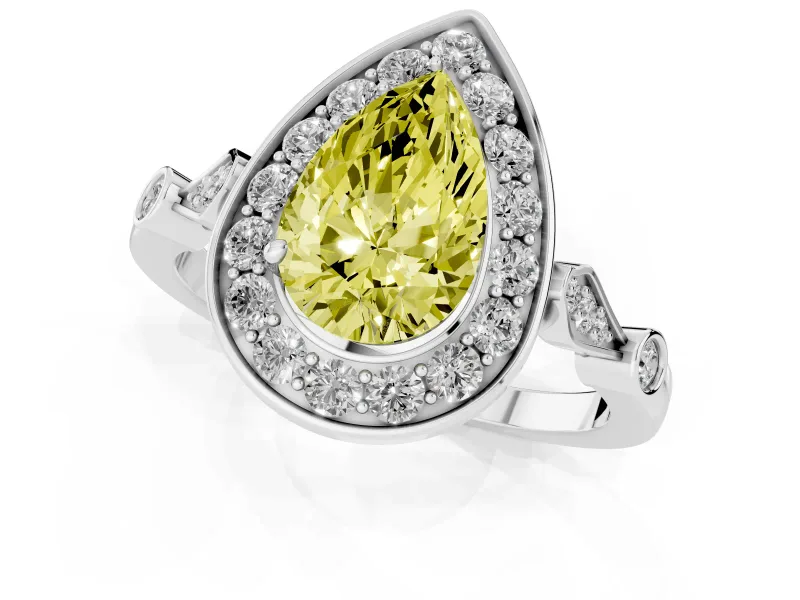 Fancy Yellow Pear Cut Diamond Halo Engagement Ring Set in Platinum with Twisted Band and Prong Setting