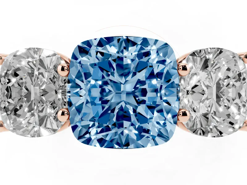 Cushion Cut Three Stone Engagement Ring Setting for a Fancy Blue Lab-Grown Diamond | Basket Prong Heads | Rose Gold