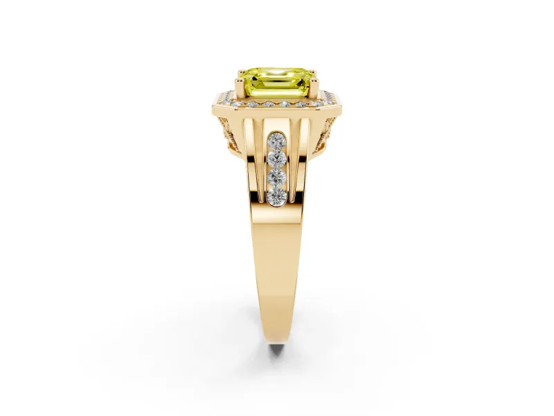 Asscher Cut Halo Engagement Ring Setting for a Fancy Yellow Lab-Grown Diamond | Channel-Set Split Shank | Yellow Gold
