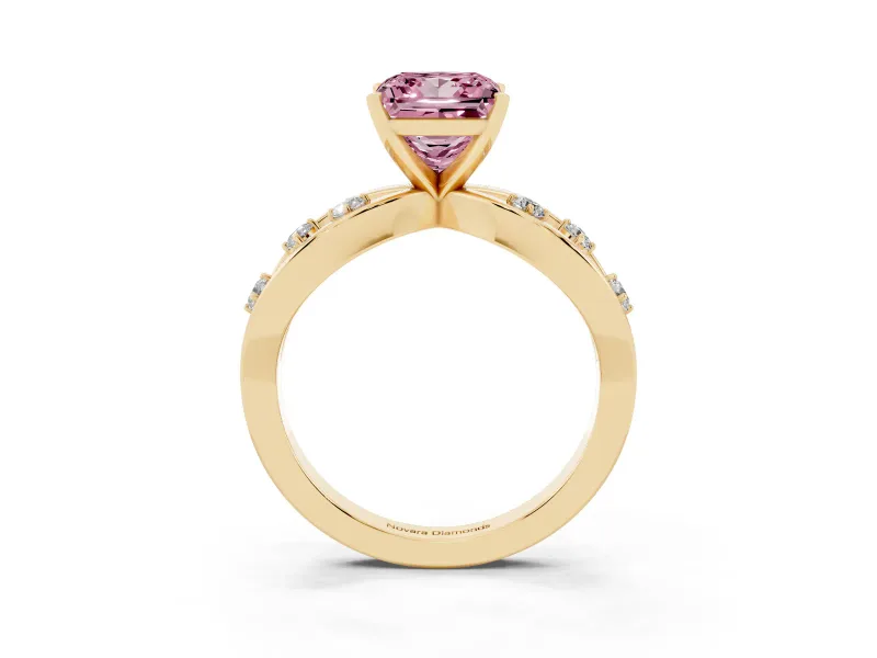 Fancy Pink Princess Cut Diamond Solitaire Ring Set in Yellow gold with Side Stones on Criss-Cross Band and Prong Setting