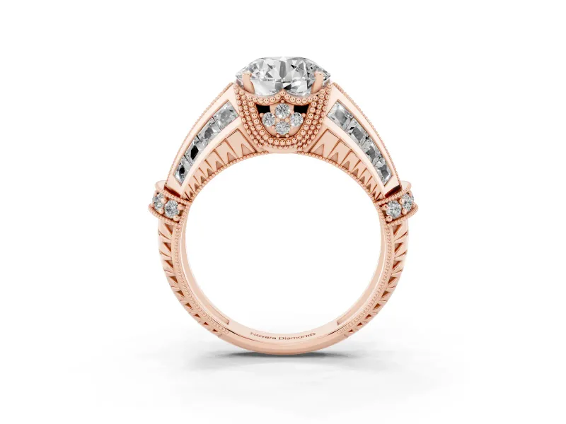 Round Cut Diamond Vintage-Inspired Milgrain Ring Set in Rose gold with Accent Split Shank