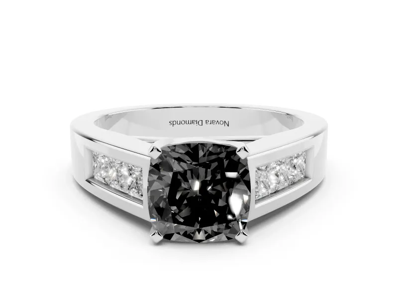 Fancy Black Cushion Cut Diamond Solitaire Ring Set in Silver with Channel-Set Accent Stones and Prong Setting