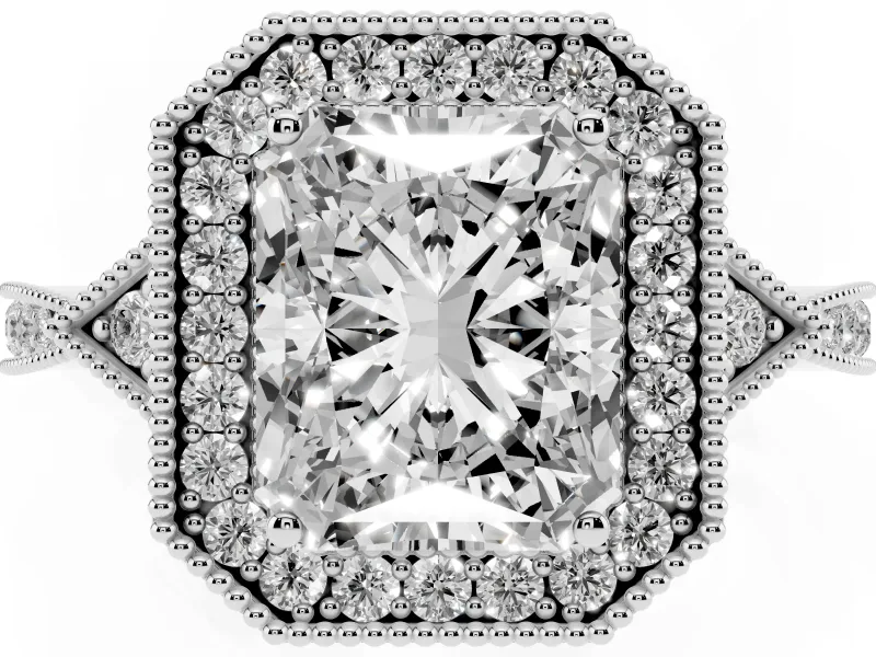 Radiant Cut Diamond Halo Engagement Ring Set in Silver with Milgrain Pavé Band