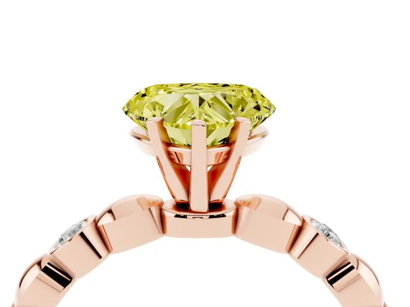 Fancy Yellow Heart Cut Diamond Solitaire Ring Set in Rose gold with Bezel-Set Accents on Beaded Band and Prong Setting