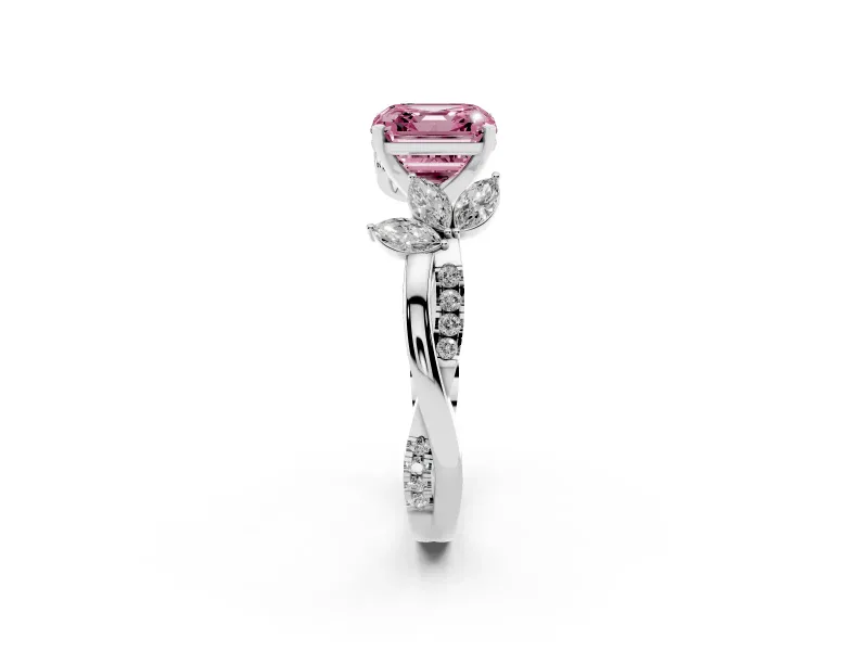 Fancy Pink Asscher Cut Diamond Floral Vine Solitaire Engagement Ring Set in Silver with Marquise Leaves