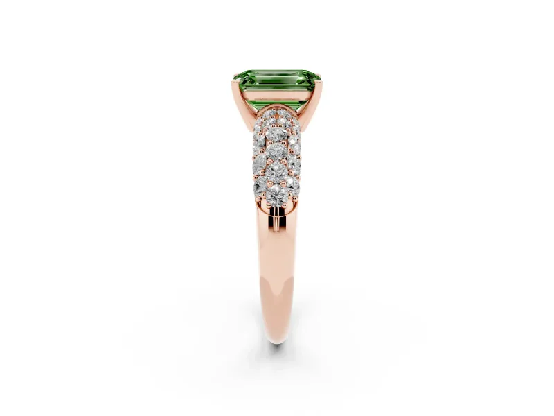 Emerald Cut Multi Row Pave Engagement Ring Setting for a Fancy Green Lab-Grown Diamond | Rose Gold