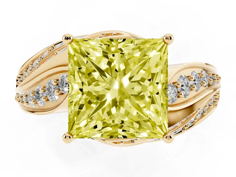 Fancy Yellow Princess Cut Diamond Solitaire Ring Set in Yellow gold with Layered Twist Pavé Band