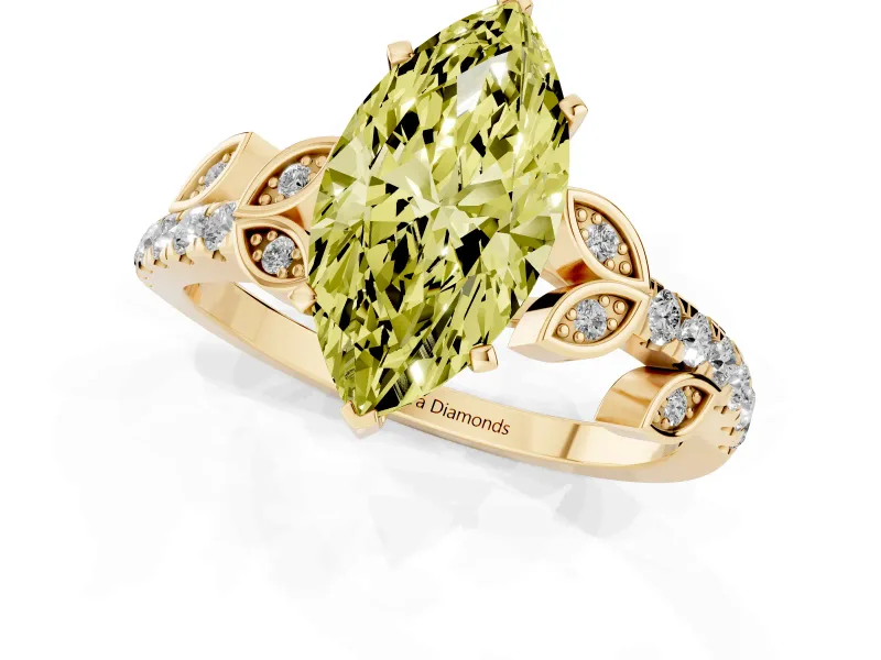 Fancy Yellow Marquise Cut Diamond Solitaire Leaf-Inspired Ring Set in Yellow gold with Pavé Band and Prong Setting