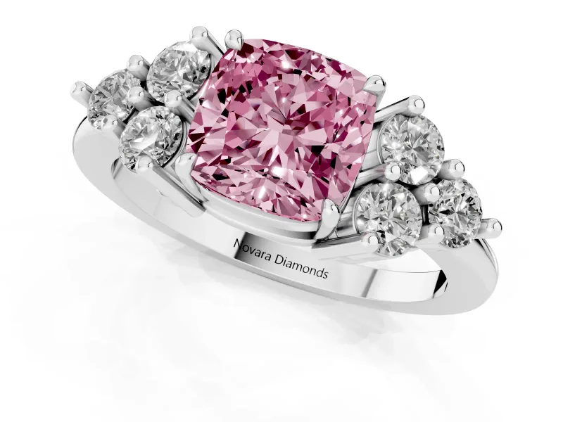 Fancy Pink Cushion Cut Diamond Solitaire Ring Set in White gold with Cluster Accents on Each Side