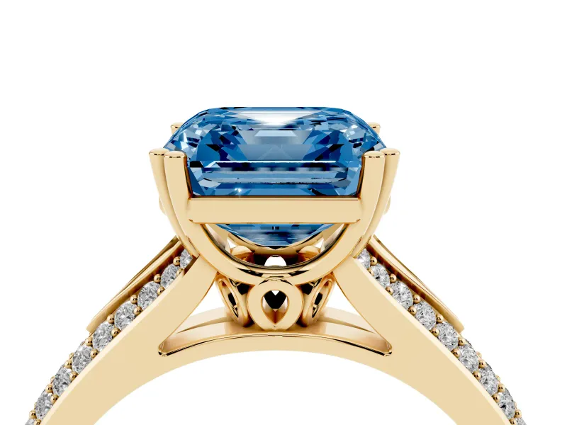 Asscher Cut Split Shank Engagement Ring Setting for a Fancy Blue Lab-Grown Diamond | Pave Band | Yellow Gold