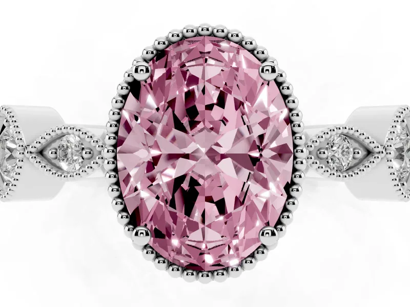 Fancy Pink Oval Cut Diamond Vintage-Inspired Milgrain Ring Set in Silver with Marquise Stations of Round Accents
