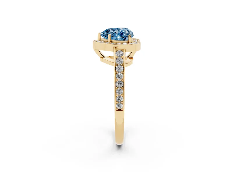 Fancy Blue Heart Cut Diamond Halo Pavé Engagement Ring Set in Yellow gold with Bezel Setting