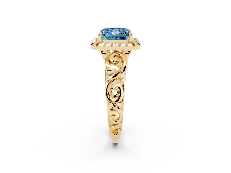 Princess Cut Filigree Halo Engagement Ring Setting for a Fancy Blue Lab-Grown Diamond | Yellow Gold