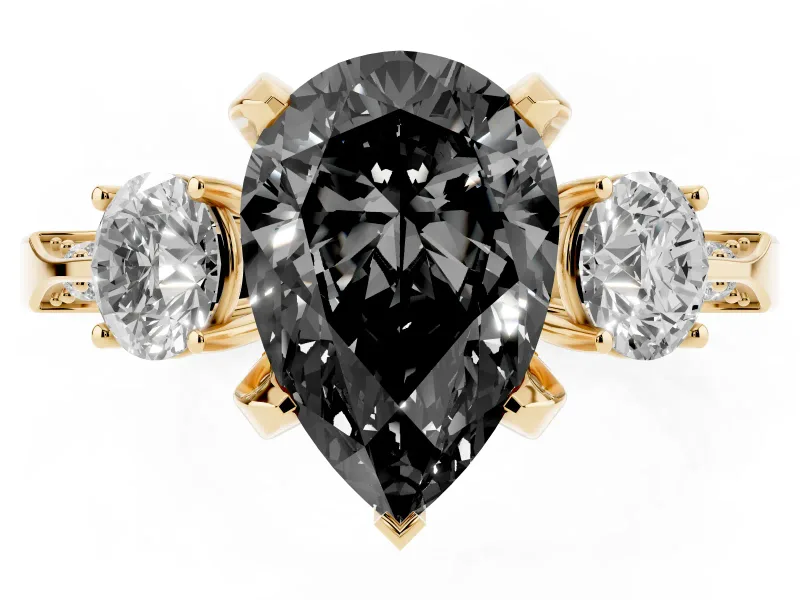 Pear-Shaped Hidden Halo Three Stone Engagement Ring Setting for a Black Center | Yellow Gold