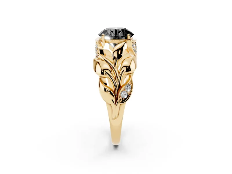 Fancy Black Round Cut Diamond Leaf-Inspired Engagement Ring Set in Yellow gold with Round Accents