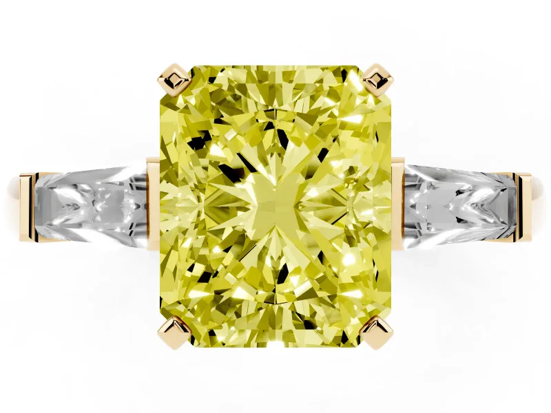 Fancy Yellow Radiant Cut Diamond Solitaire Ring Set in Yellow gold with Tapered Baguette Side Stones and Prong Setting