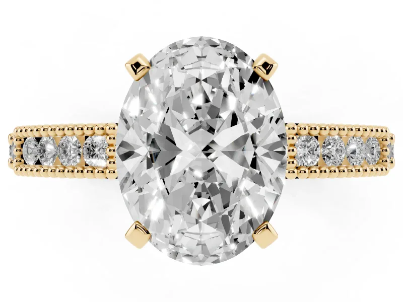 Oval Cut Diamond Solitaire Ring Set in Yellow gold with Slim Pavé Band and Prong Setting