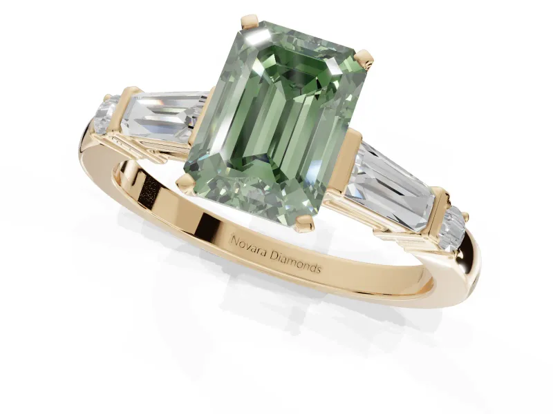 Emerald Cut Tapered Baguette Engagement Ring Setting for a Fancy Green Lab-Grown Diamond | Bar Set Sides | Yellow Gold