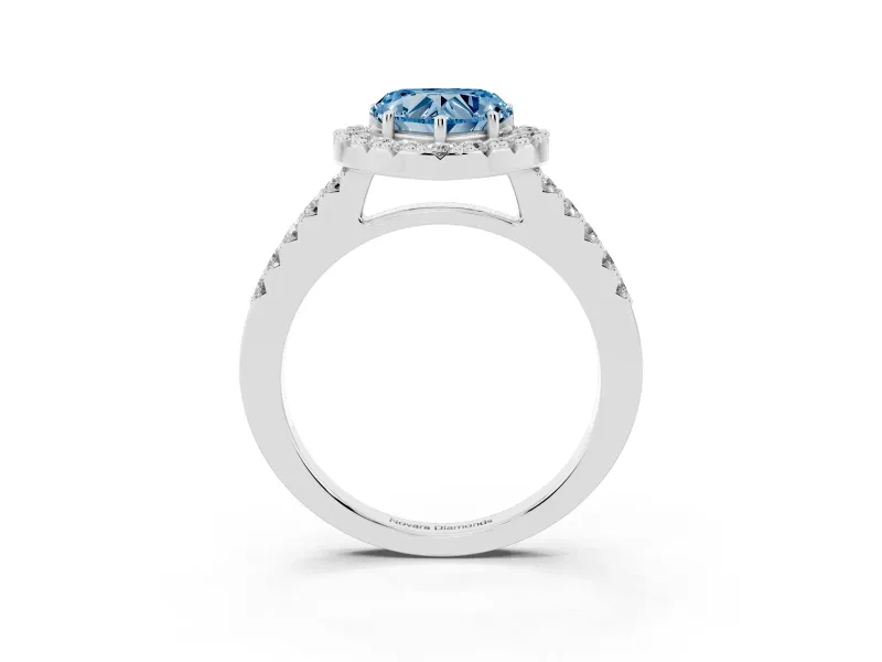 Fancy Blue Heart Cut Diamond Halo Pavé Solitaire Ring Set in Platinum with Prong-Set Center Stone