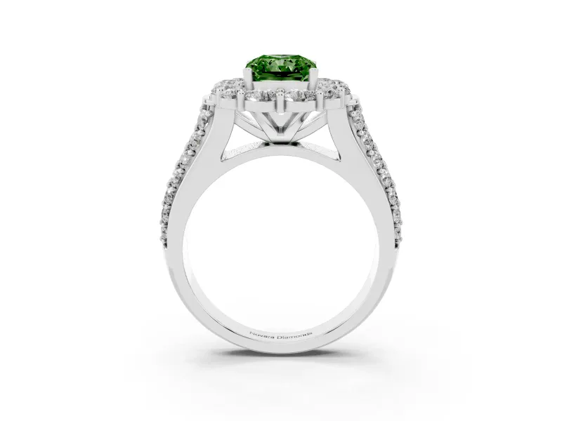 Fancy Green Radiant Cut Diamond Halo Engagement Ring Set in Silver with Split Shank and Prong Setting