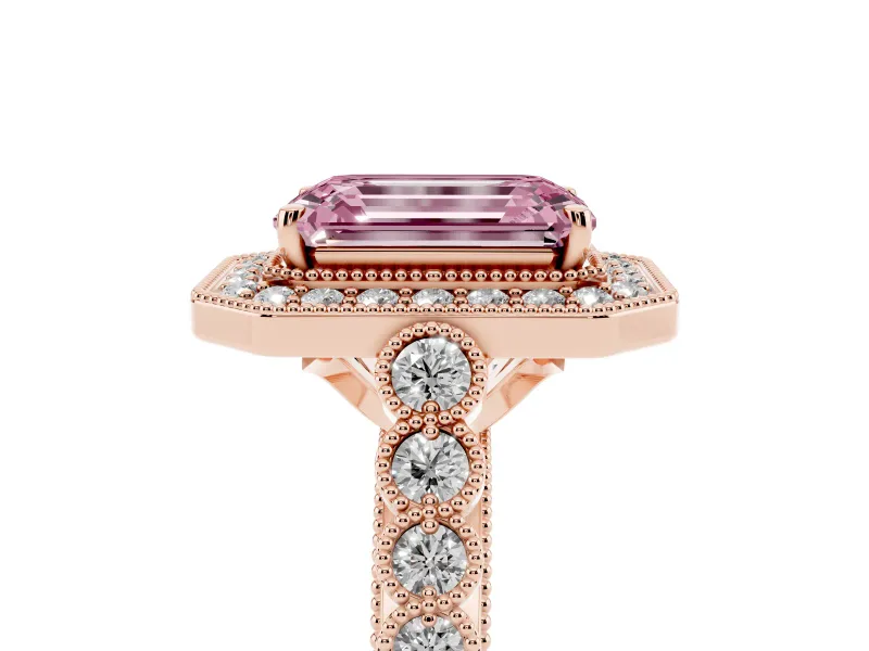 Emerald Cut Graduated Milgrain Halo Engagement Ring Setting for a Fancy Pink Lab-Grown Diamond | Rose Gold