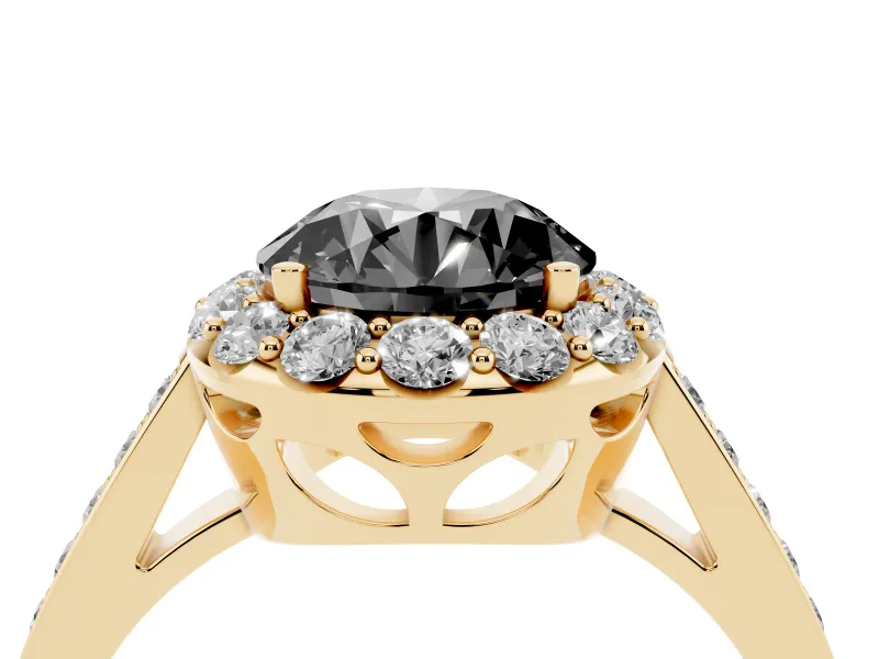 Fancy Black Round Cut Diamond Floral Halo Ring Set in Yellow gold with Pavé Band and Prong Setting