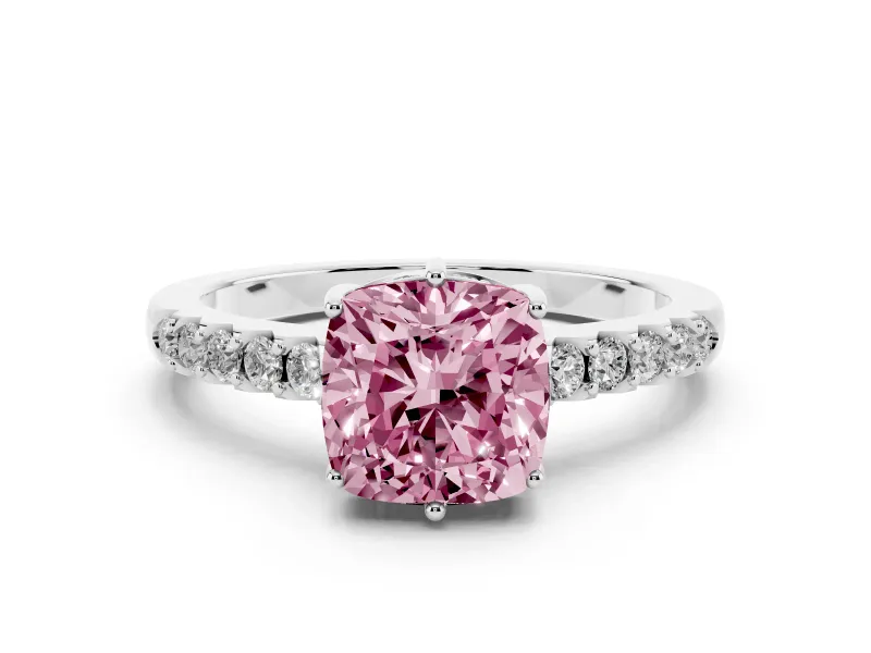 Fancy Pink Cushion Cut Diamond Solitaire Engagement Ring Set in White gold with Pavé Band and Prong Setting
