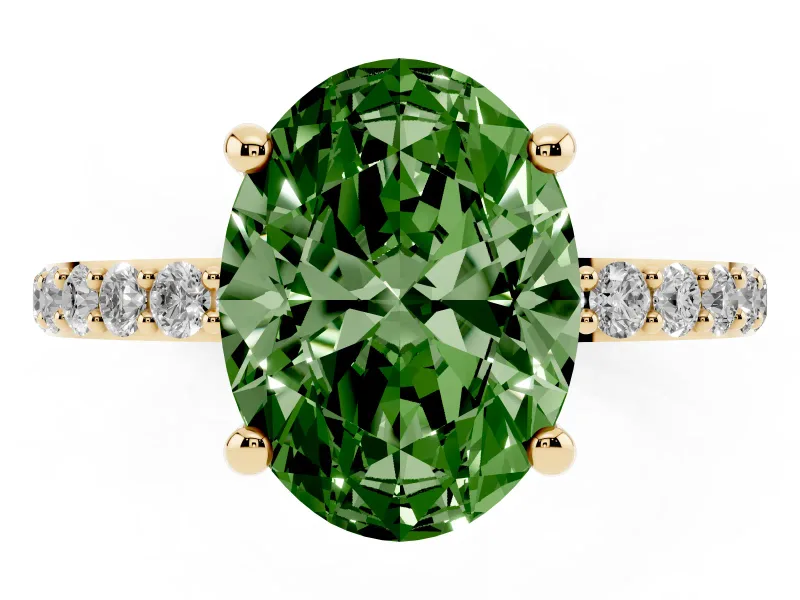 Fancy Green Oval Cut Diamond Solitaire Ring Set in Yellow gold with Round Pavé Band and Prong Setting
