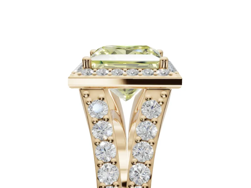 Princess Cut Halo Pavé Engagement Ring Setting for a Fancy Yellow Lab-Grown Diamond | Narrow Split Shank | Yellow Gold