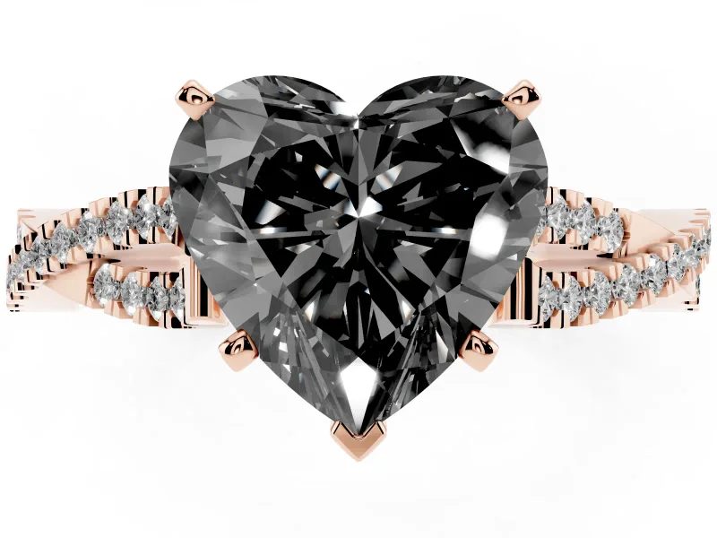 Fancy Black Heart Cut Diamond Solitaire Engagement Ring Set in Rose gold with Twisted Pavé Band and Prong Setting