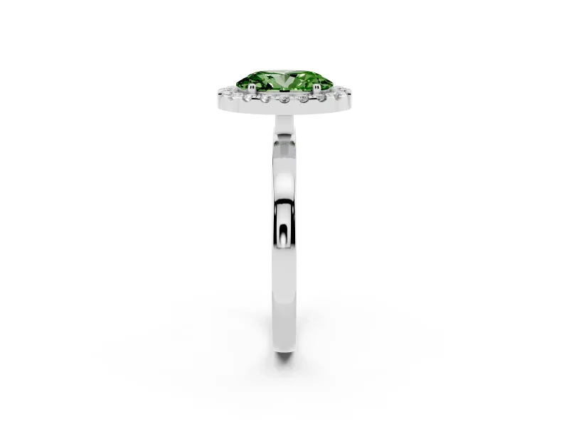 Fancy Green Oval Cut Diamond Halo Solitaire Ring Set in Silver with Pavé Band and Prong Setting