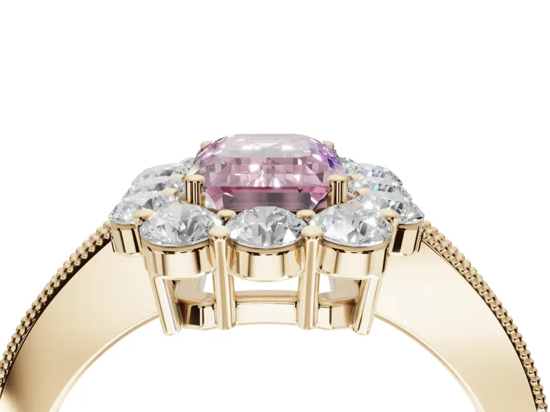 Emerald Cut Vintage Halo Engagement Ring Setting for a Fancy Pink Lab-Grown Diamond | Yellow Gold