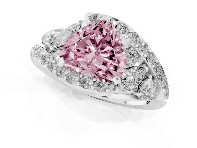Fancy Pink Heart Cut Diamond Halo Ring Set in Platinum with Marquise and Pavé Band in Prong Setting