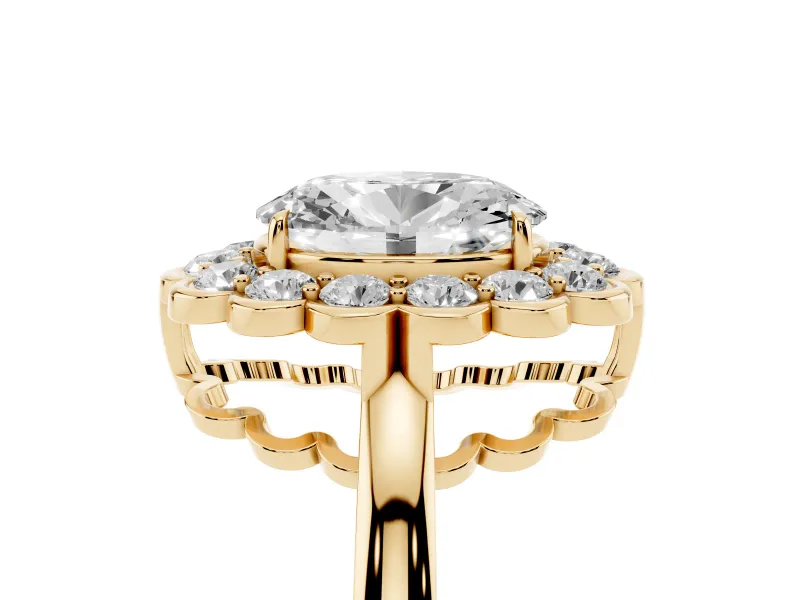 Oval Scalloped Cluster Halo Engagement Ring Setting | Plain Band | Yellow Gold