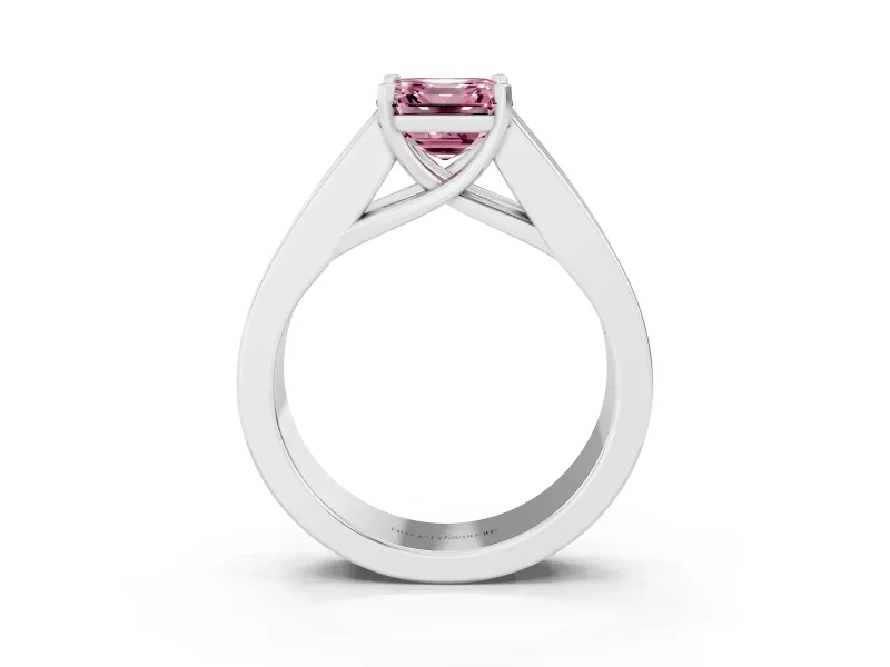 Fancy Pink Asscher Cut Diamond Solitaire Ring Set in Platinum with Channel-Set Accent Stones and Prong Setting