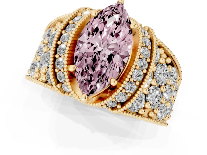 Marquise Vintage Pave Engagement Ring Setting for a Fancy Pink Lab-Grown Diamond | Milgrain Edges | Yellow Gold