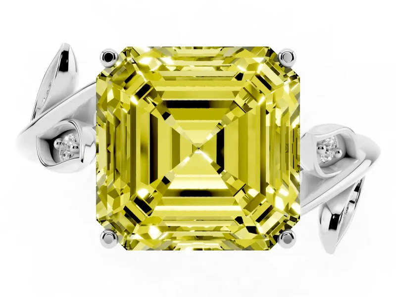 Asscher Cut Twisted Bypass Engagement Ring Setting for a Fancy Yellow Lab-Grown Diamond | Leaf Vine | Sterling Silver