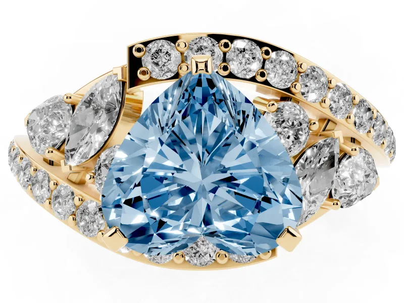 Fancy Blue Heart Cut Diamond Halo Ring Set in Yellow gold with Marquise and Pavé Band in Prong Setting