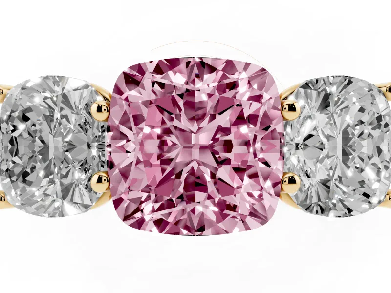 Cushion Cut Three Stone Engagement Ring Setting for a Fancy Pink Lab-Grown Diamond | Basket Prong Heads | Yellow Gold