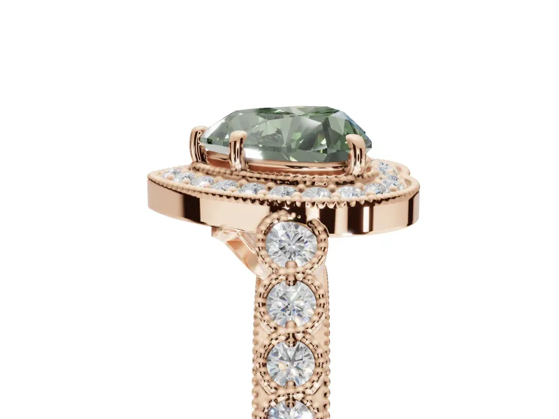 Heart-Shaped Graduated Milgrain Halo Engagement Ring Setting for a Fancy Green Lab-Grown Diamond | Rose Gold