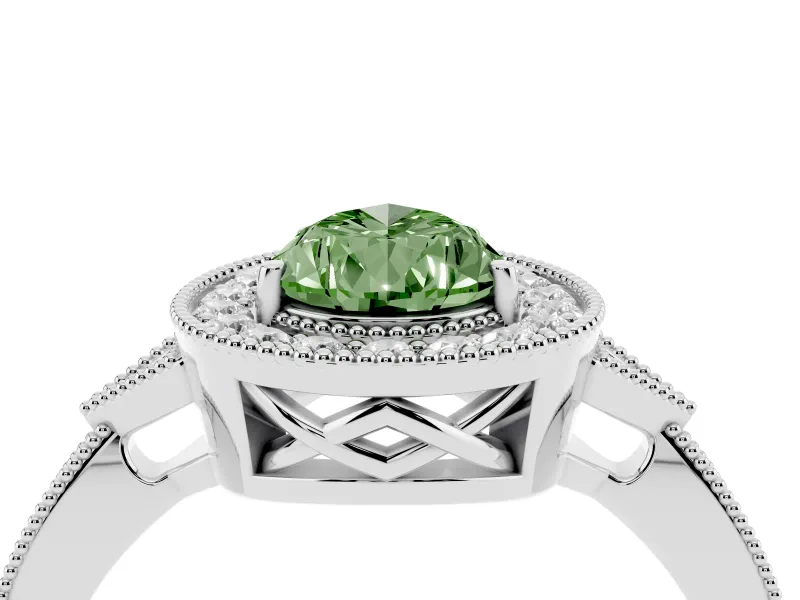 Fancy Green Pear Cut Diamond Halo Engagement Ring Set in Silver with Milgrain Pavé Band