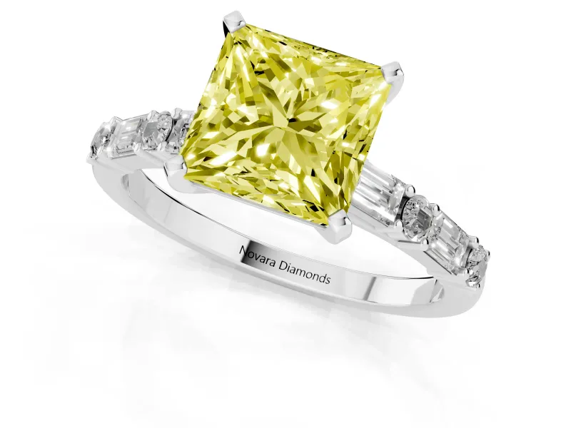Fancy Yellow Princess Cut Diamond Solitaire Set in White gold with Side Baguettes and Channel Set Band