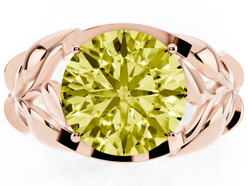 Fancy Yellow Round Cut Diamond Leaf-Inspired Engagement Ring Set in Rose gold with Round Accents